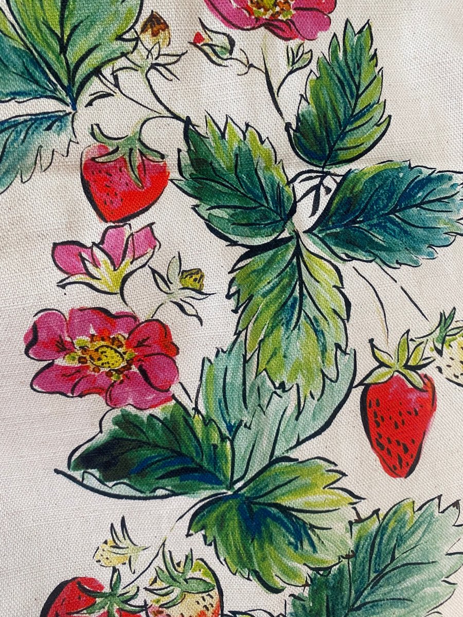 Strawberry print natural linen by the metre