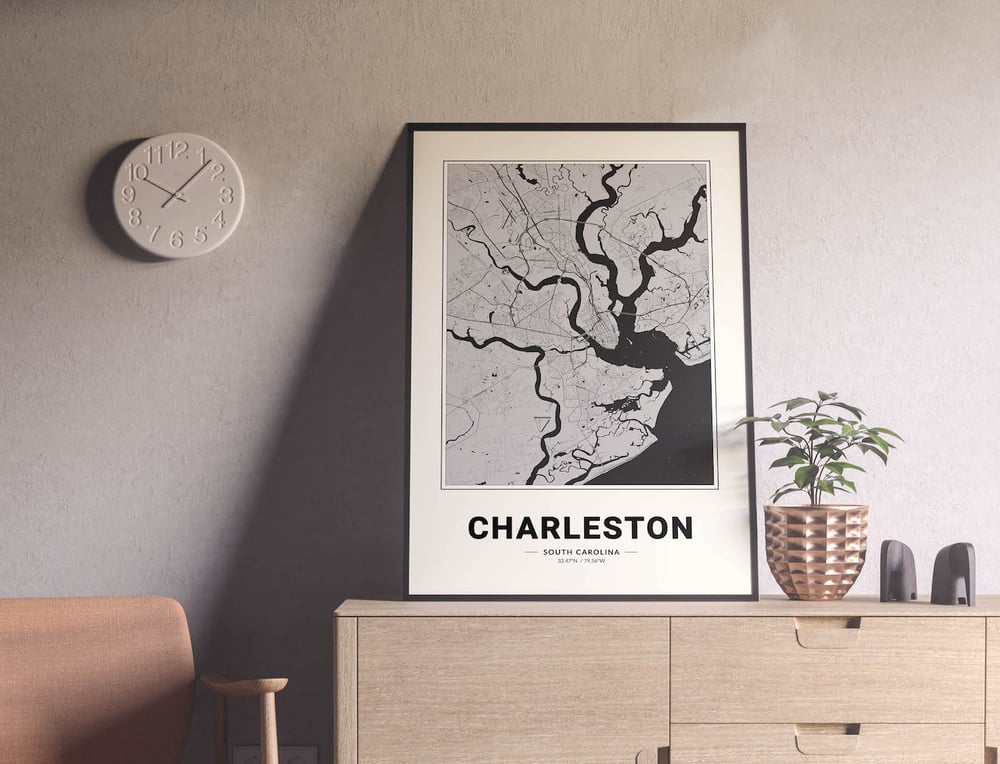 Carte de Charleston - Carte de la ville moderne des États-Unis en noir et blanc Poster