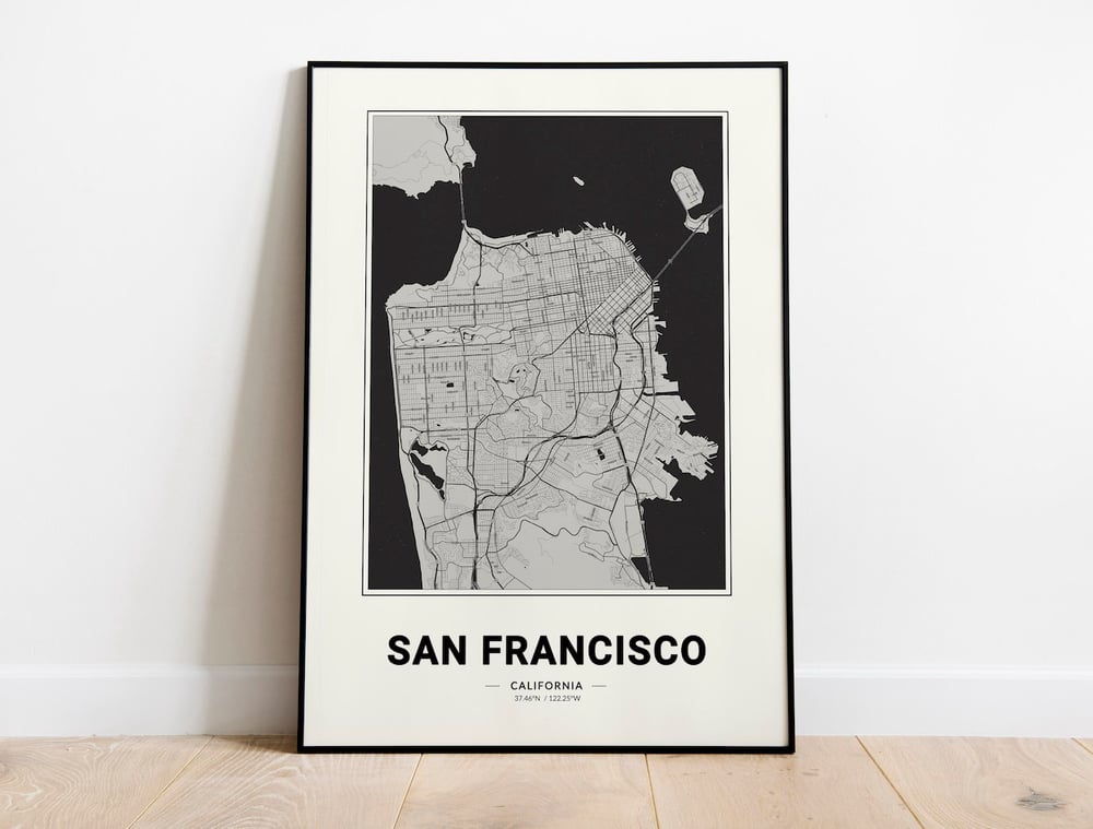 Carte de San Francisco - Carte de la ville moderne des États-Unis en noir et blanc Poster