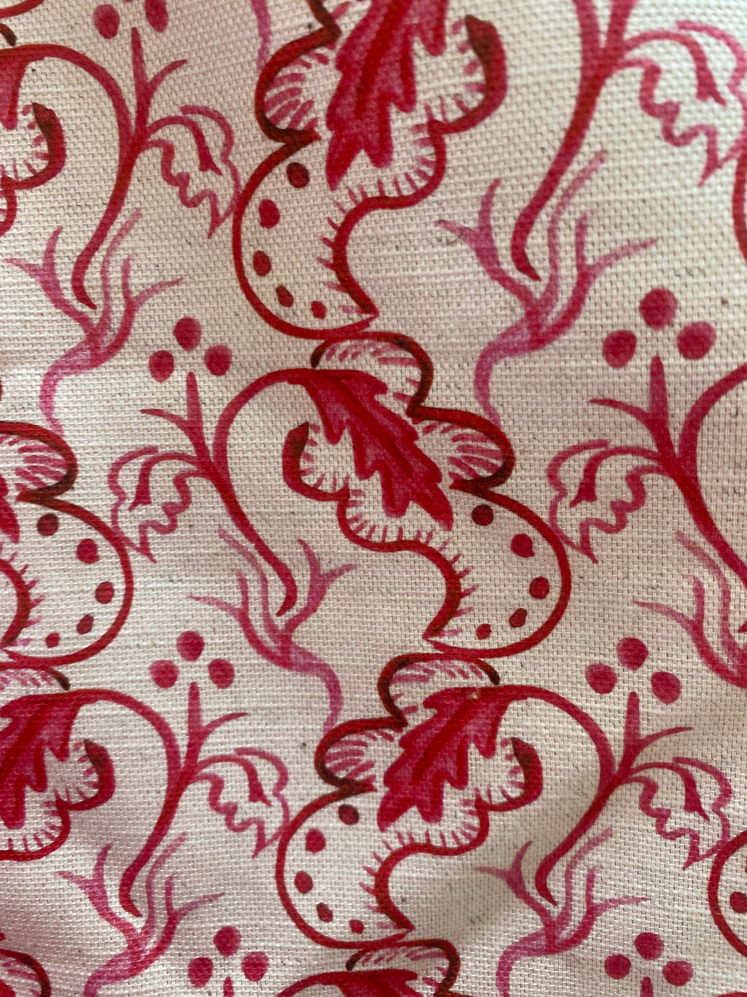 Image of Red Buds and Leaves on natural linen by the metre
