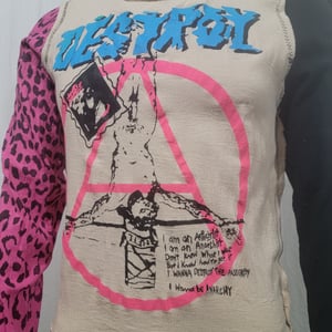 Image of Destroy crucified jesus bondage shirt with 1 pink leopard sleeve size Small