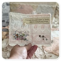 Image 5 of sewing zipper purse and needle book tiny glass bottle of pear shaped pins and French lace
