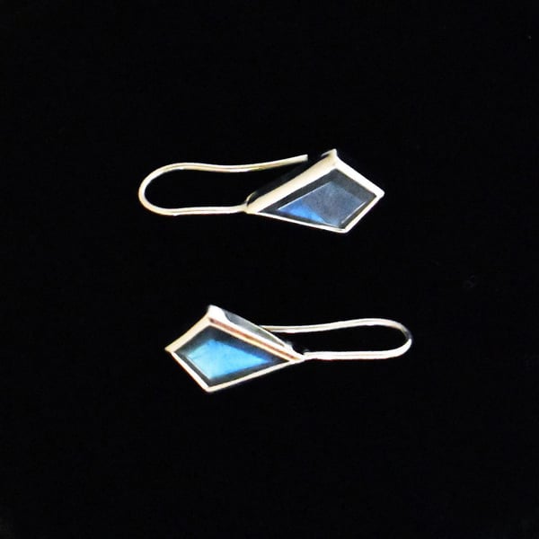 Image of Labradorite Moonstone faceted cut kite shape wire hook silver earrings