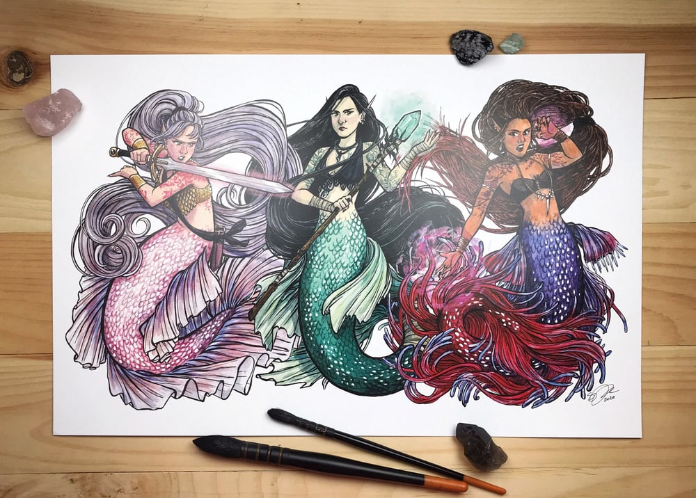 Mermaid Trio Large Signed Watercolor Print