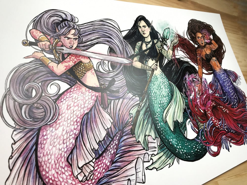 Mermaid Trio Large Signed Watercolor Print