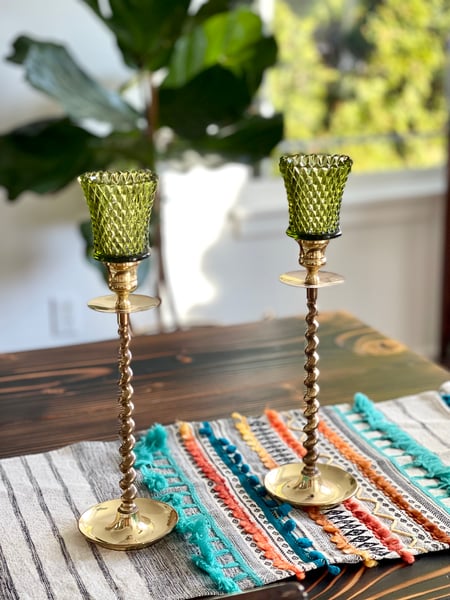 Image of Vintage brass candleholders with diamond cut votives