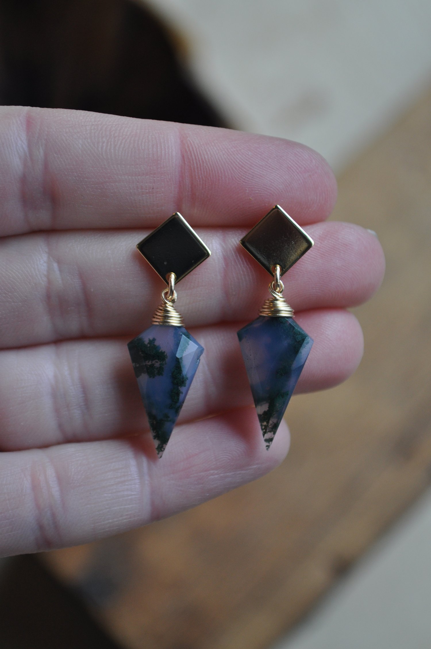 Image of Moss Agate Spear Dangles (2)