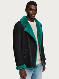 Image 3 of SCOTCH & SODA SHEEP SUEDE SHEARLING JACKET IN NAVY 