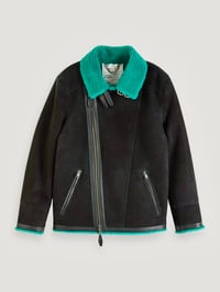 Image 1 of SCOTCH & SODA SHEEP SUEDE SHEARLING JACKET IN NAVY 