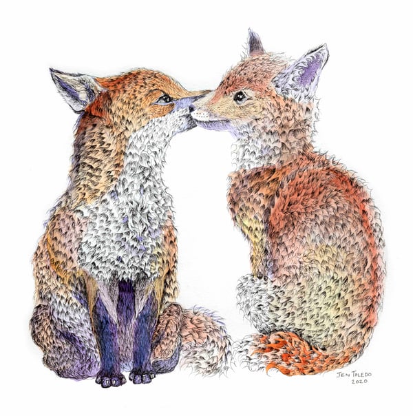 Image of Kissing Foxes 5" x  5" print