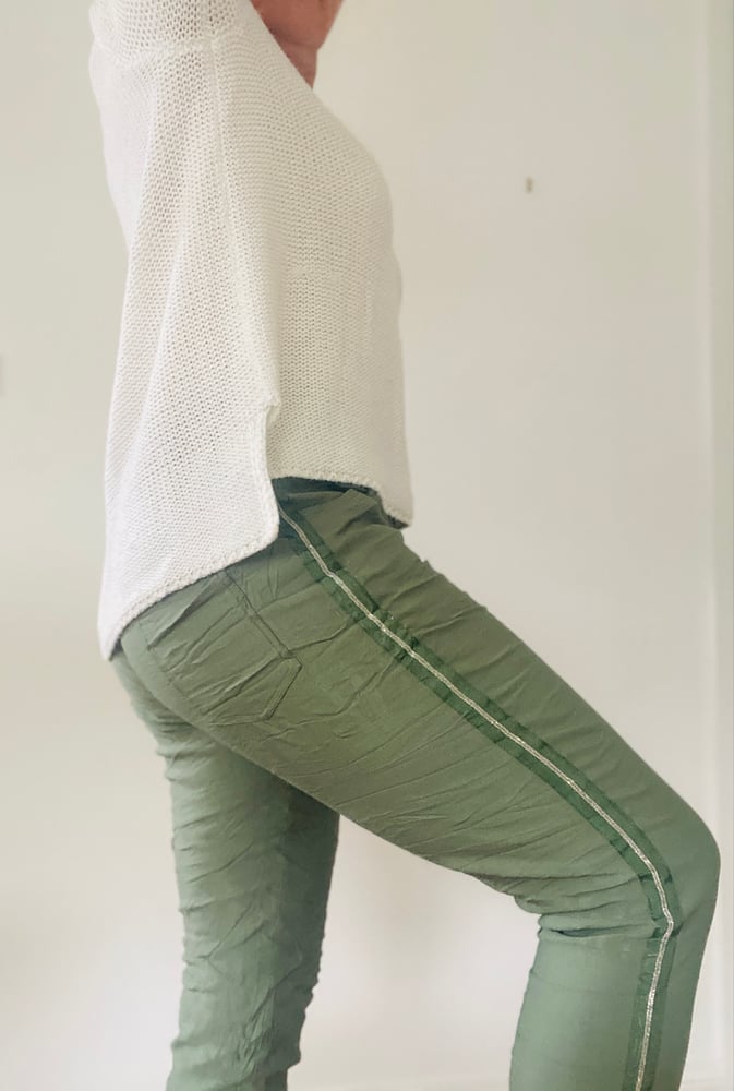 Image of Kate Silver Bead Crinkle Stretch Pants - Khaki