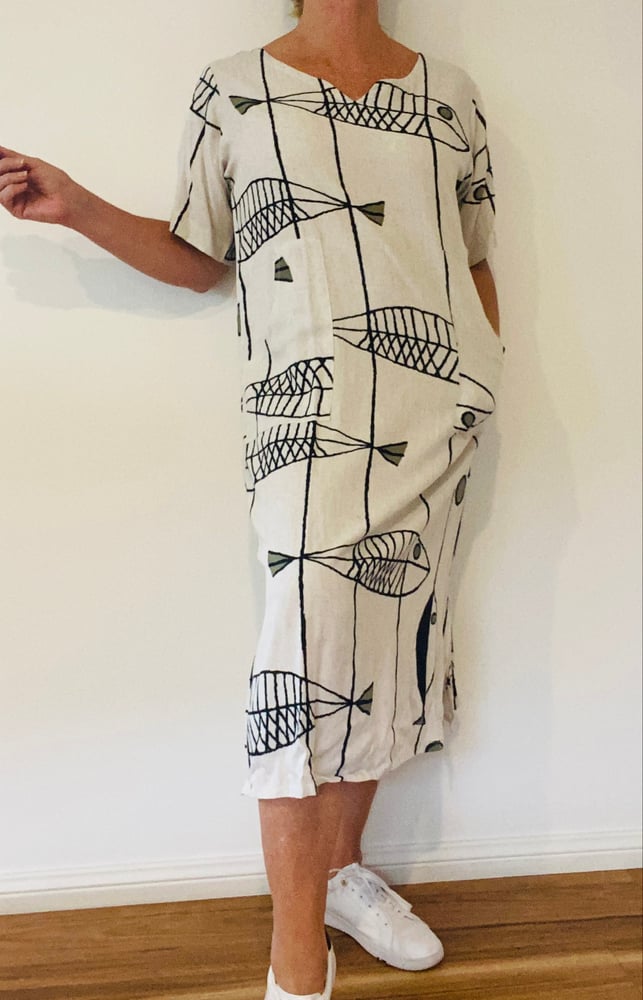 Image of Fish Linen Straight Dress - Cream