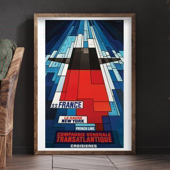 S.S. France to New York | John Bainbridge | 1962 | Wall Art Print | Vintage Travel Poster