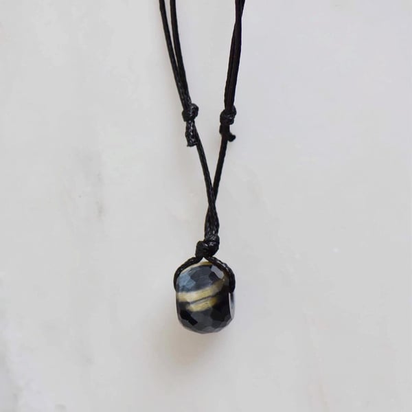 Image of Blue Tiger Eye cube faceted cut x black canvas chain necklace