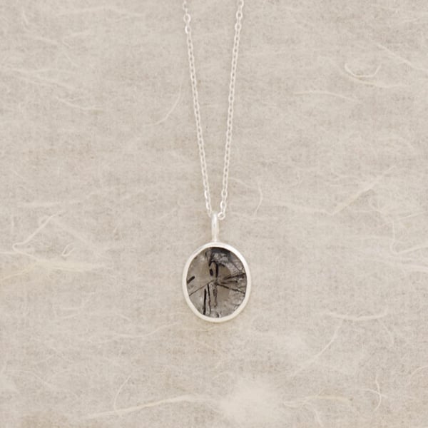 Image of Black Rutilated Quartz (Black Tourmalined Quartz) oval cut silver necklace