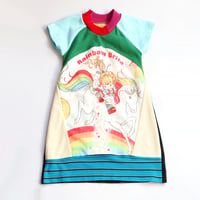 Image 2 of vintage rainbow brite green turquoise polka dot 4T patchwork short sleeve tunic dress