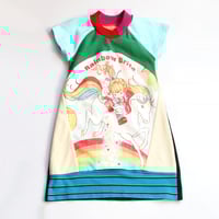 Image 2 of vintage rainbow brite green turquoise polka dot 4T patchwork short sleeve tunic dress