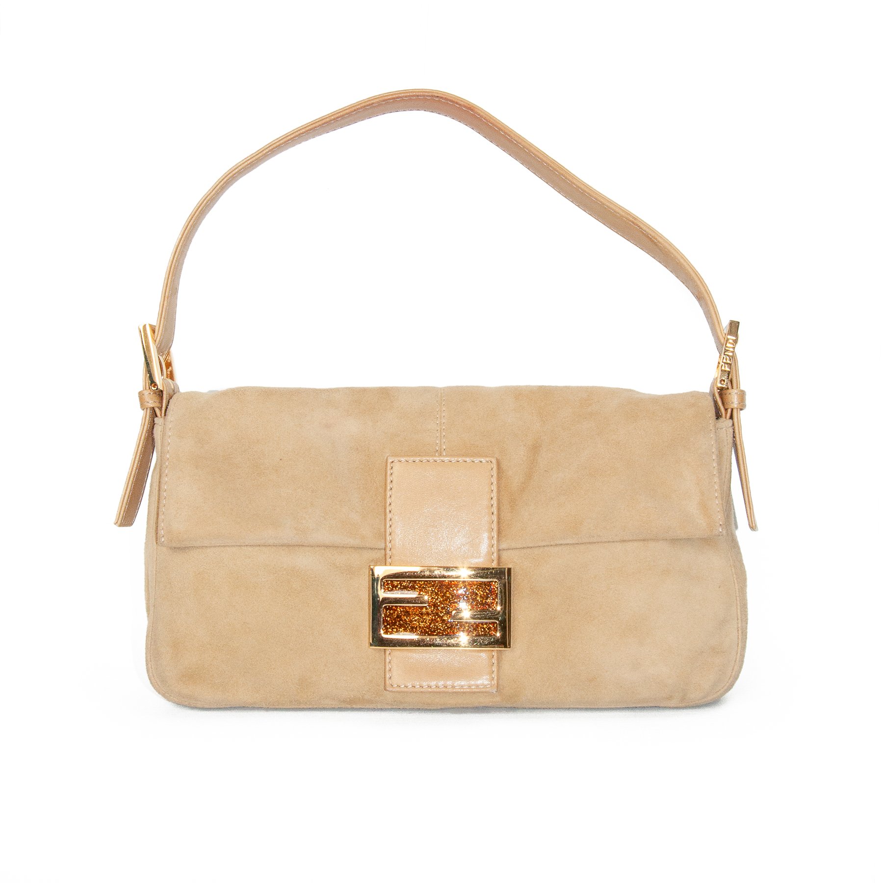 Image of Fendi Suede Baguette Shoulder Bag Beige