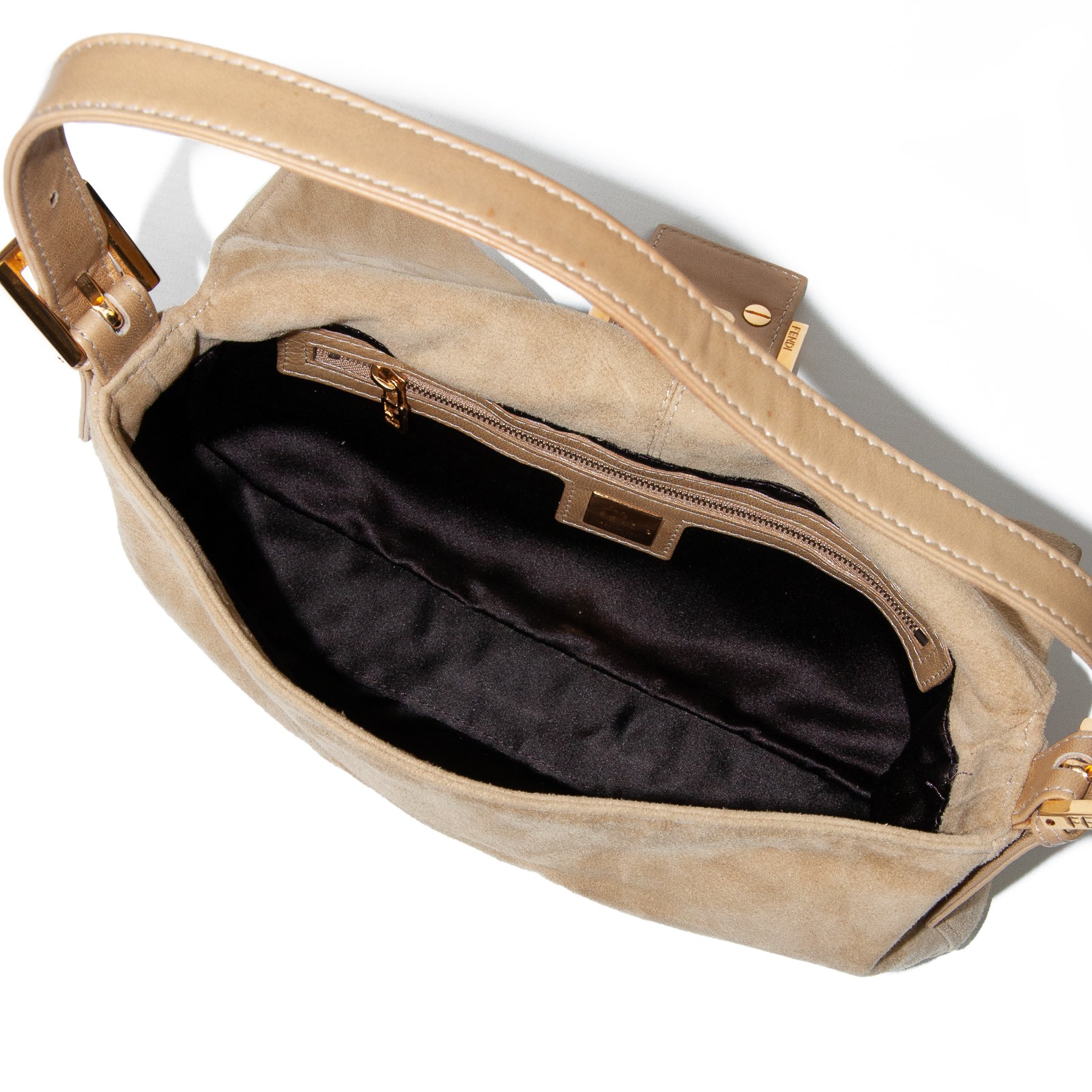 Image of Fendi Suede Baguette Shoulder Bag Beige