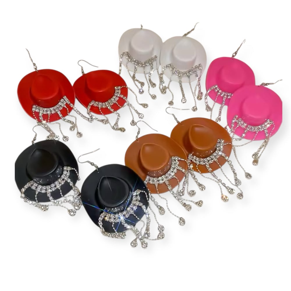 Image of Cowboy Hat Tassel Earrings with rhinestones