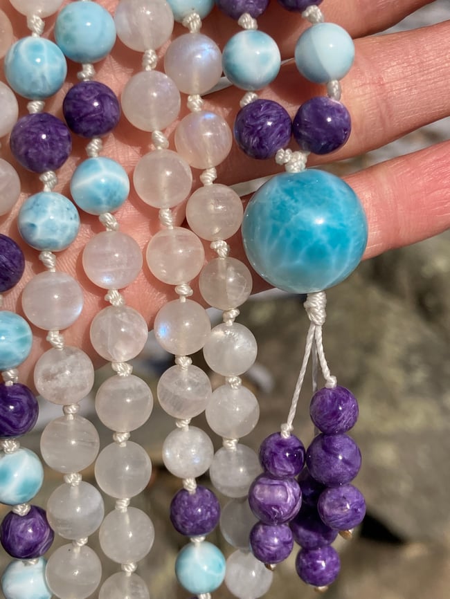 African Moonstone Mala, Dominican Larimar Mala, Chariot Mala, 108