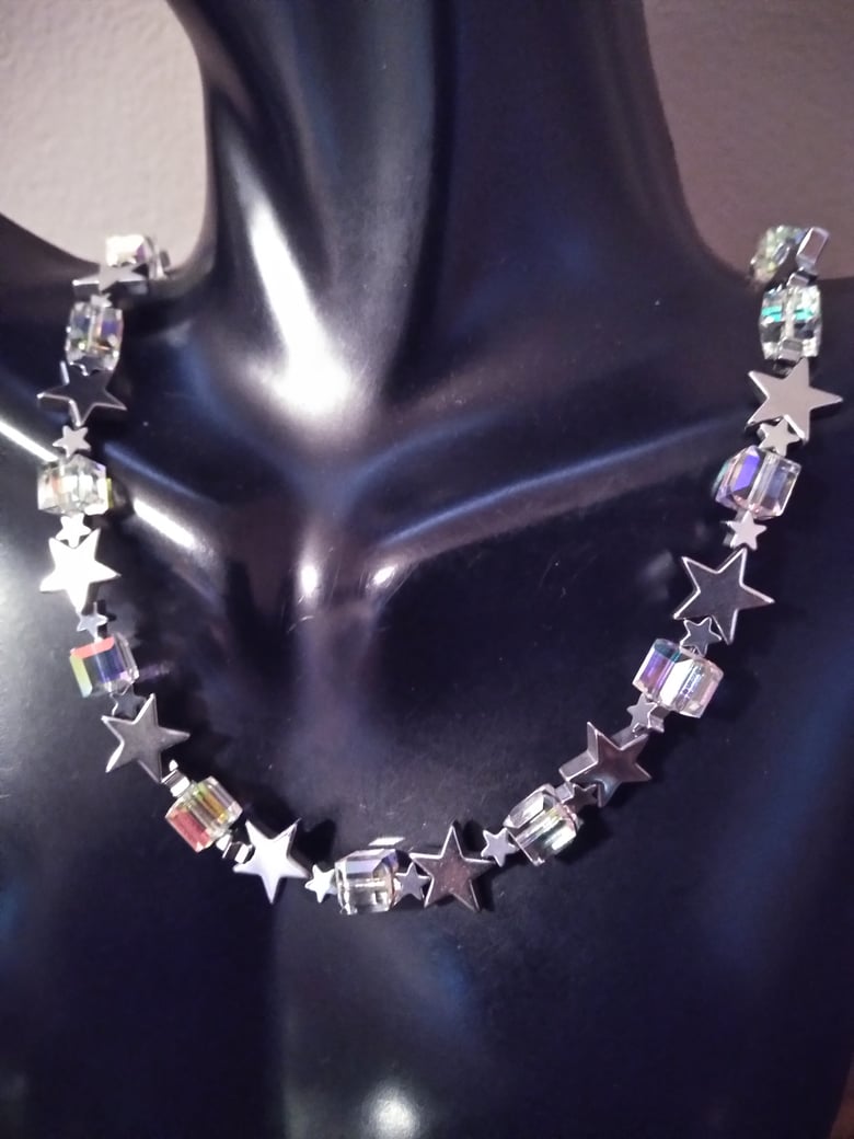 Image of HEMATITE STARS AND SWAROVSKI CUBE BEADS