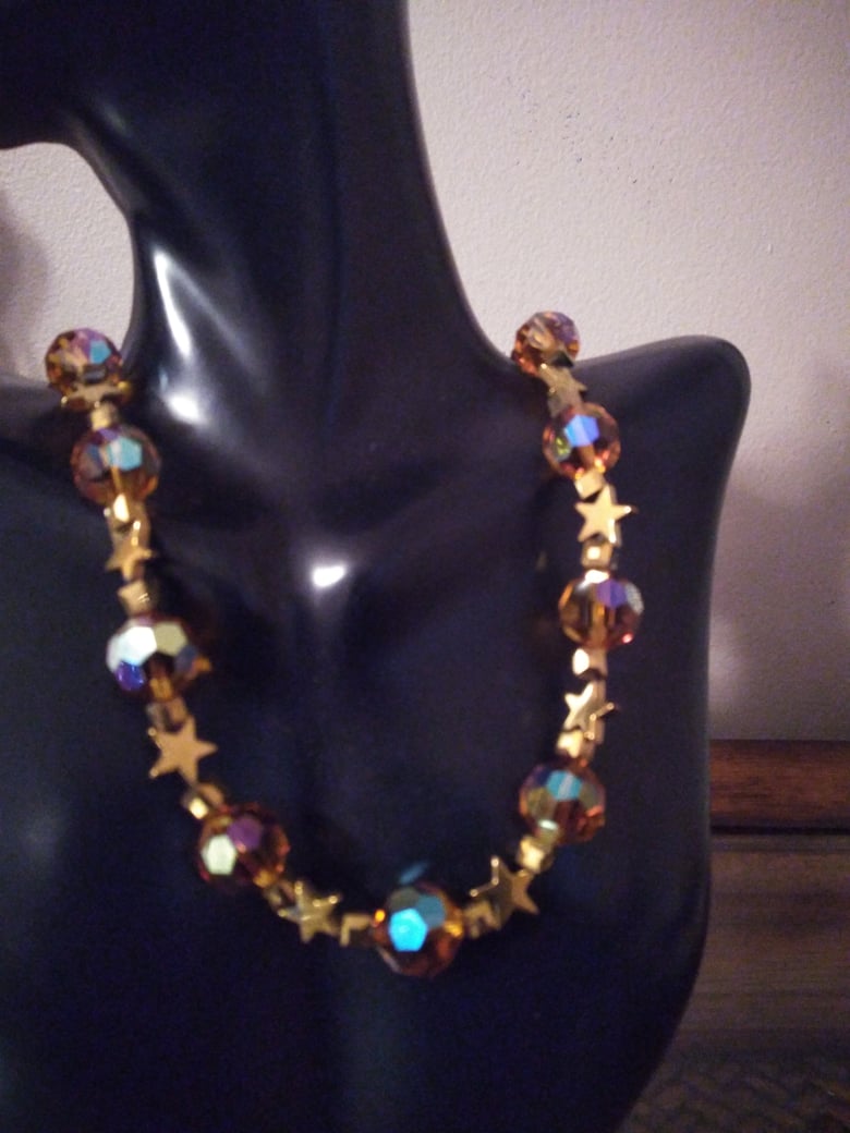 Image of LARGE SWAROVSKI TOPAZ BEADS WITH GOLD HEMATITE STARS AND CUBES