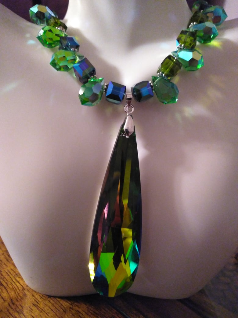 Image of LARGE BLUEGREEN MULTICOLOR TITANIUM CRYSTAL PENDANT WITH SWAROVSKI AND PRECIOSA CRYSTAL BEADS