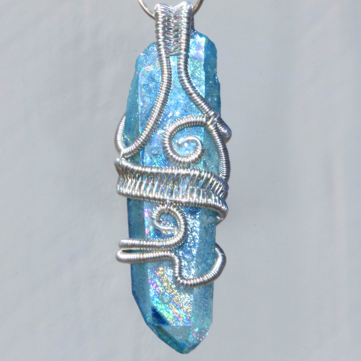Aqua Aura Quartz Crystal Woven Wire Wrap Pendant