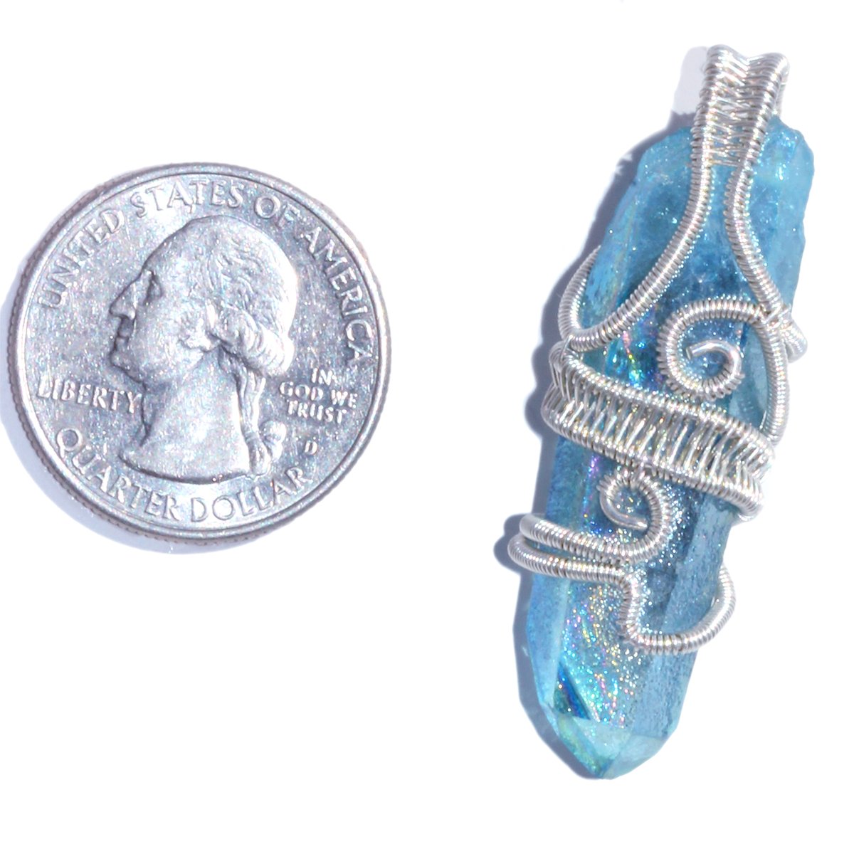 Aqua Aura Quartz Crystal Woven Wire Wrap Pendant