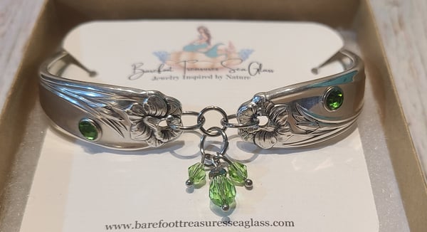 Image of Vintage Silverware - w/ Rivet set and Dangle Green Crystals-Adjustable-Gift Boxed-#EB-453