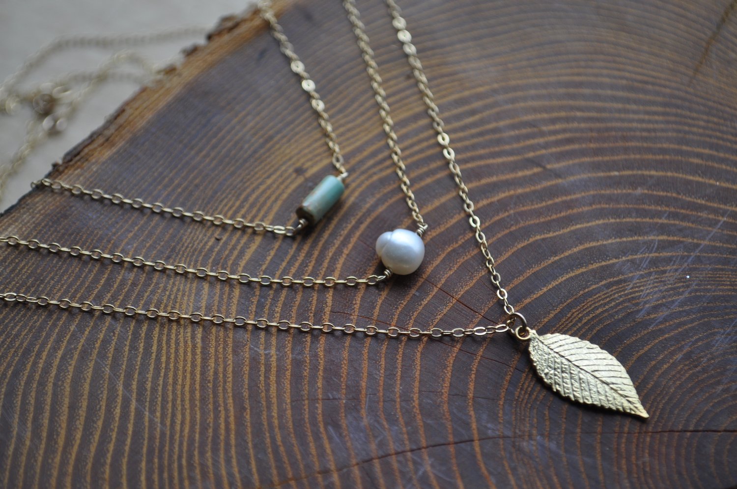 Image of Turquoise, Freshwater Pearl & Leaf Necklace Layering Trio