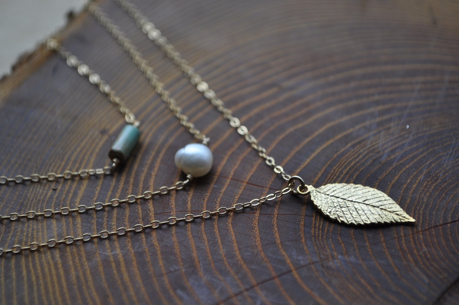 Image of Turquoise, Freshwater Pearl & Leaf Necklace Layering Trio
