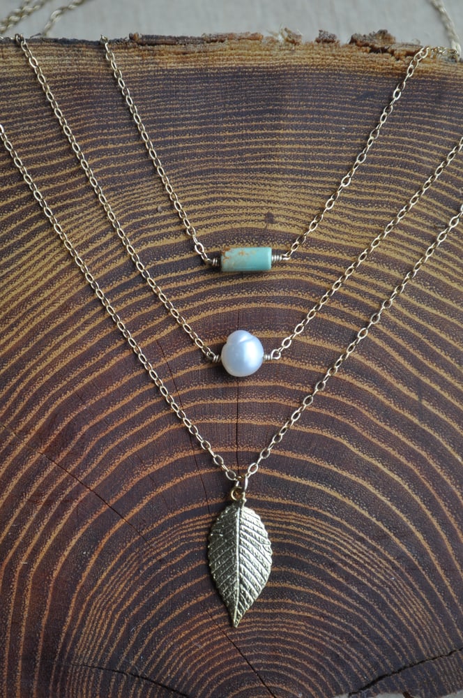 Image of Turquoise, Freshwater Pearl & Leaf Necklace Layering Trio