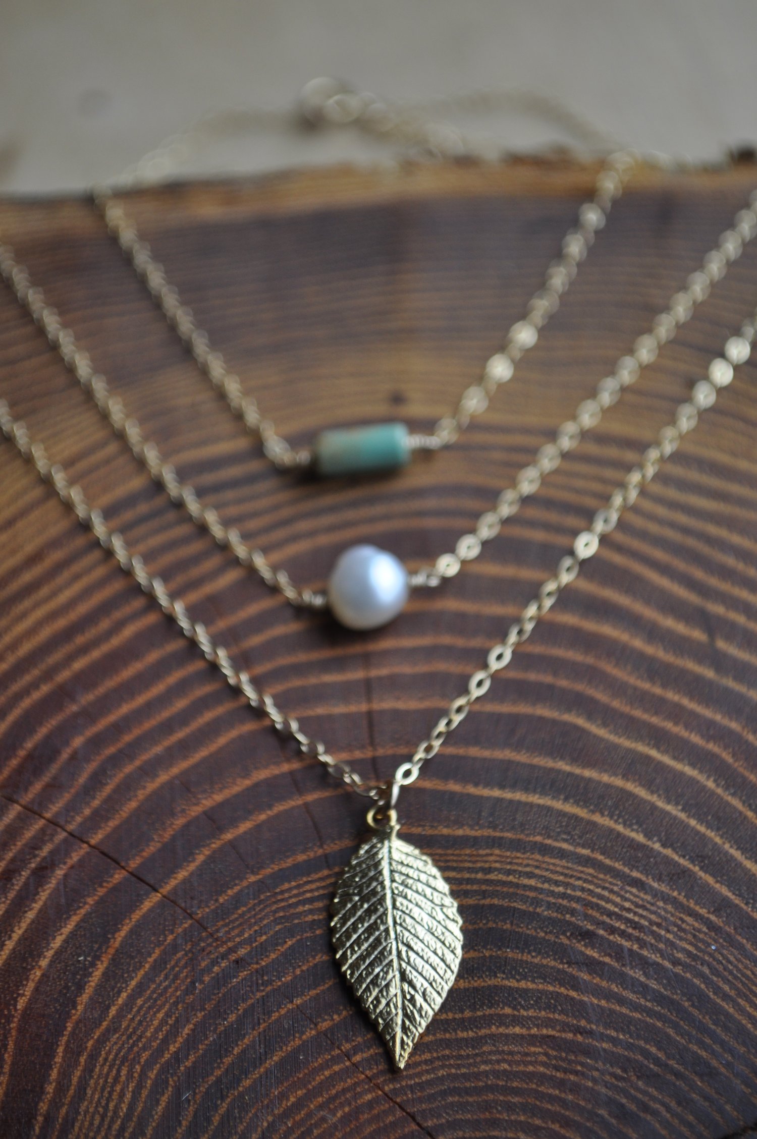 Image of Turquoise, Freshwater Pearl & Leaf Necklace Layering Trio