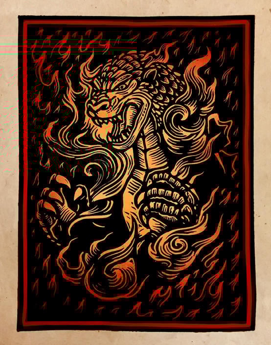 Burning Godzilla Block Print