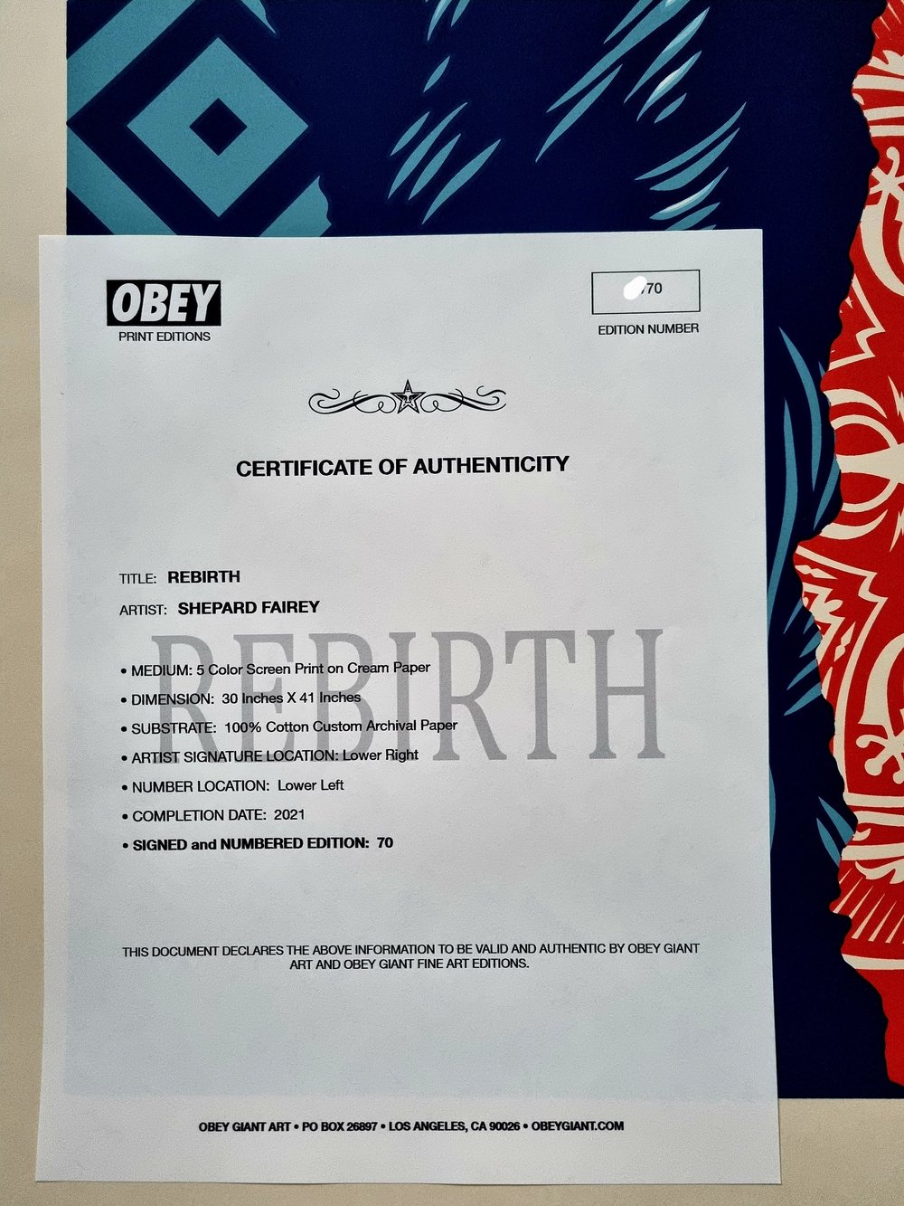 SHEPARD FAIREY (OBEY) "REBIRTH" XL - 105CM X 77CM - LTD ED 70