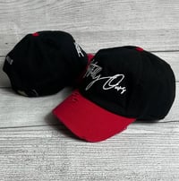 Image 1 of R.O. Logo 2 Tone Distressed  Dad Hat Black, Red & White
