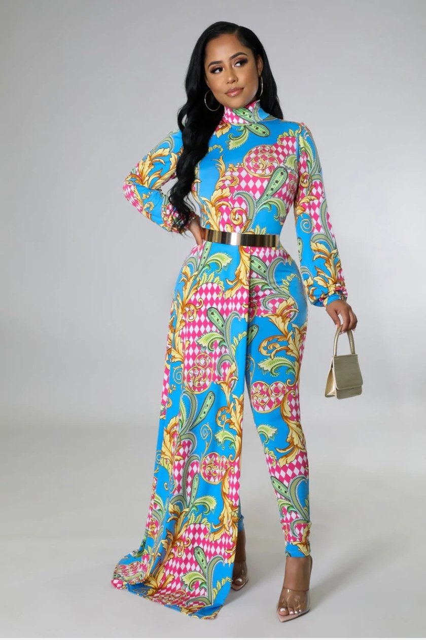 Print One Side Train Body Suit & Pants 