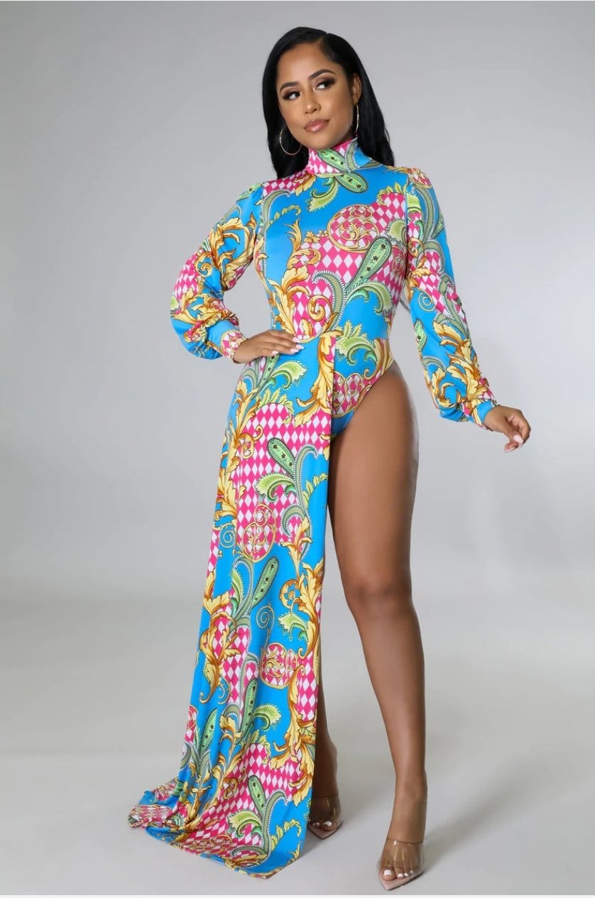 Print One Side Train Body Suit & Pants 