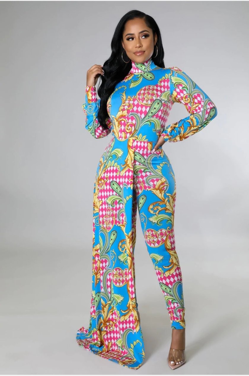 Print One Side Train Body Suit & Pants 