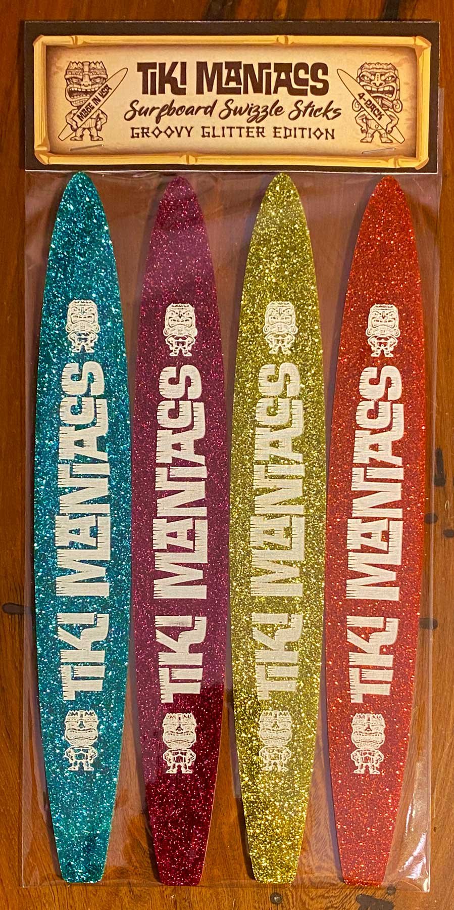 Image of SURFBOARD SWIZZLE STICKS GROOVY GLITTER EDITION