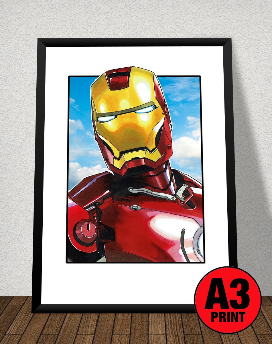 'Iron Man' (Avengers) A3 (16" x 12") Signed Print Comic Style Illustration