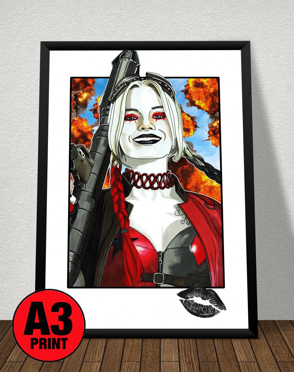 'Harley Quinn' (Suicide Squad) A3 (16" x 12") Signed Print Comic Style Illustration