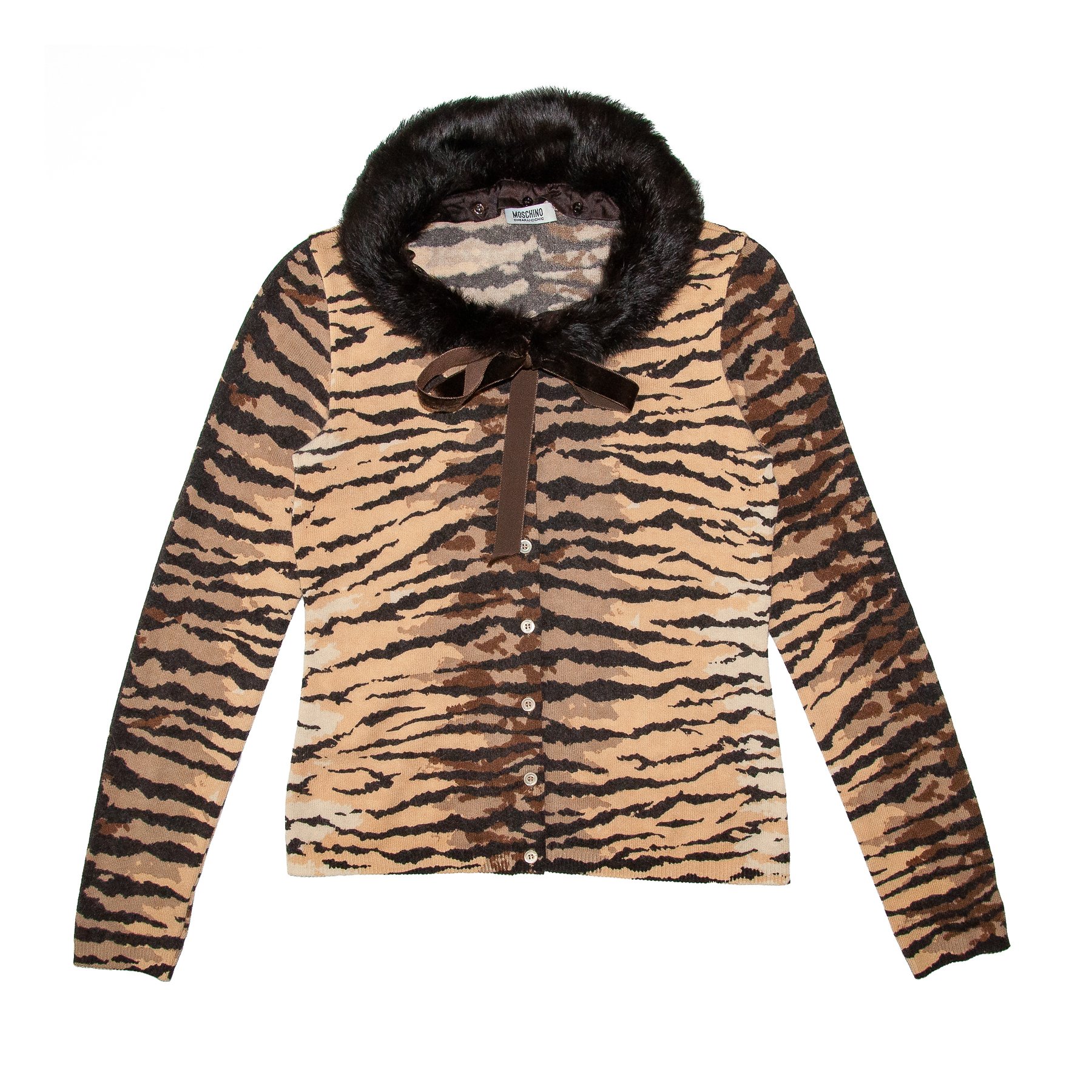 Image of Moschino Cheap and Chic Fur Collar Cardigan Tiger Print