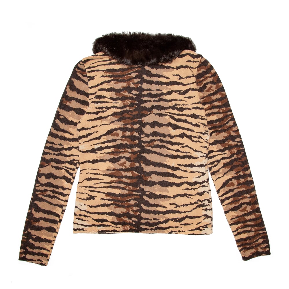 Image of Moschino Cheap and Chic Fur Collar Cardigan Tiger Print