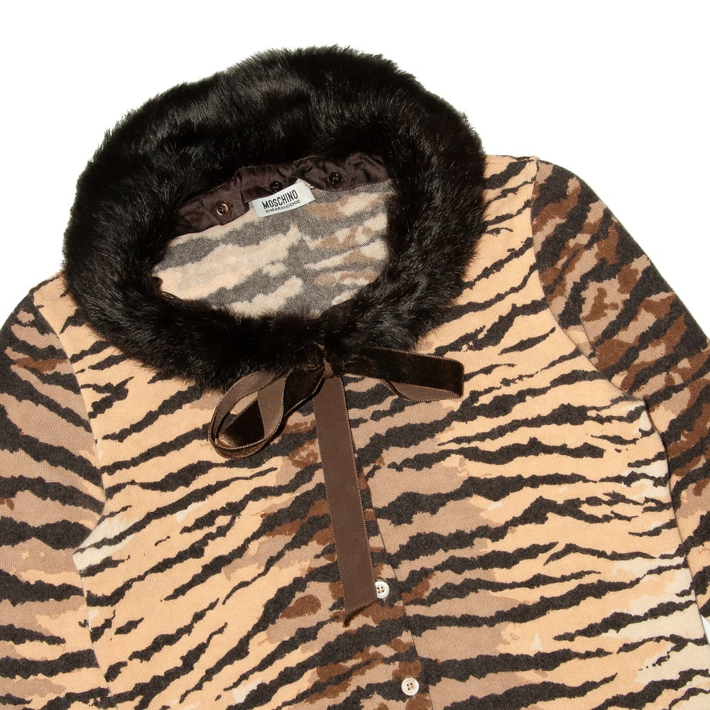 Image of Moschino Cheap and Chic Fur Collar Cardigan Tiger Print
