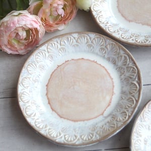 Image of Set of Four Rustic Dessert Dishes in White and Ocher Glaze, Handcrafted Pottery Made in USA