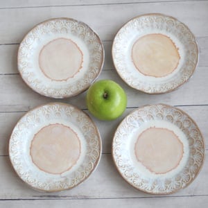 Image of Set of Four Rustic Dessert Dishes in White and Ocher Glaze, Handcrafted Pottery Made in USA