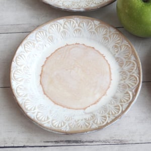 Image of Set of Four Rustic Dessert Dishes in White and Ocher Glaze, Handcrafted Pottery Made in USA